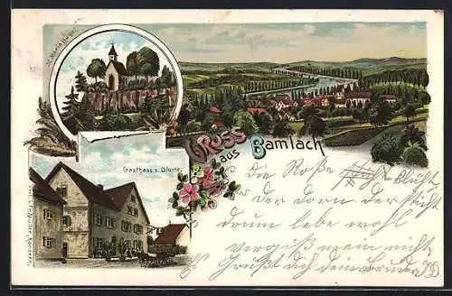 Lithographie Bamlach, Totalansicht aus der Vogelschau, St. Maria Hügel, Gasthaus zur Blume