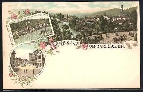 Lithographie Wolfratshausen, Strassenpartie, Flösser bei der Arbeit, Gesamtansicht