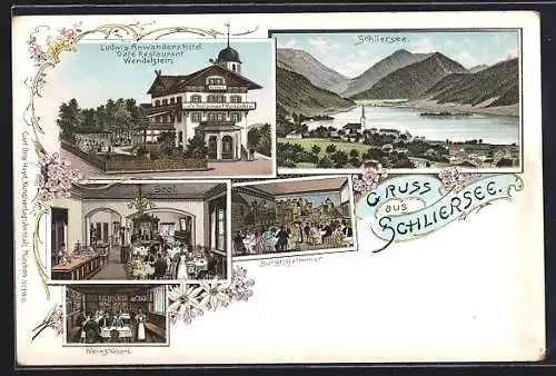 Lithographie Schliersee, Hotel & Café Wendelstein, Innenansicht, Ortsansicht