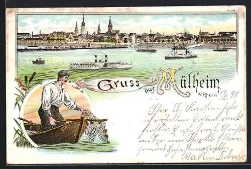 Lithographie Köln-Mülheim, Teilansicht, Fischer mit Boot