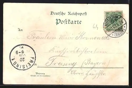 Lithographie Köln-Mülheim, Teilansicht, Fischer mit Boot
