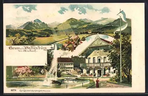 Lithographie Miesbach, Schloss und Gasthaus Wallenburg