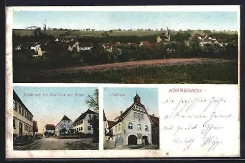 AK Adersbach / Sinsheim, Gasthaus zur Rose im Unterdorf, Rathaus, Totalansicht