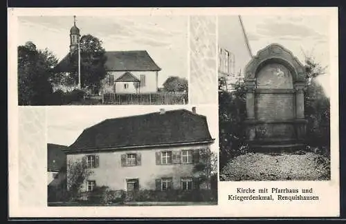 AK Renquishausen, Kirche mit Pfarrhaus und Kriegerdenkmal