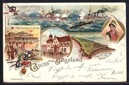 Lithographie Helgoland, Postgebäude, Conversationshaus, Kriegsschiffe