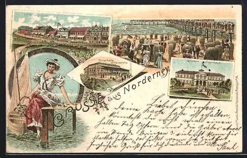 Lithographie Norderney, Victoriastrasse, Dünenhalle, Grosses Logirhaus