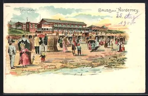 Lithographie Norderney, Menschen auf dem Strand