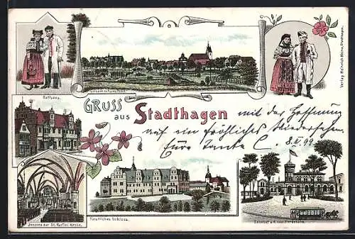 Lithographie Stadthagen, Bahnhof und Pferdebahn, Rathaus, Fürstl. Schloss, Inneres der St. Martini-Kirche