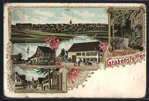 Lithographie Grabenstetten, Gasthaus zur Krone, Strassenpartie mit Handlung W. Steudle