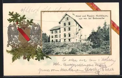 Passepartout-Lithographie Badenweiler, Hotel und Pension Hochblauen, Wappen