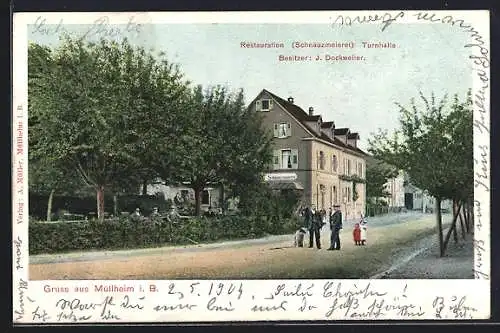 AK Müllheim i. B., Restauration Turnhalle / Schnauzmeierei mit Garten und Strasse