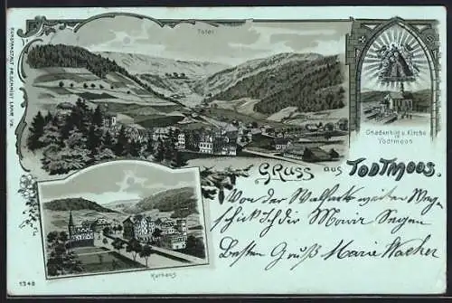 Mondschein-Lithographie Todtmoos, Kurhaus, Gnadenbild und Kirche, Totalansicht