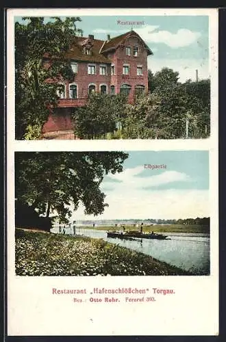 AK Torgau, Restaurant Hafenschlösschen v. Otto Rohr, Elbpartie