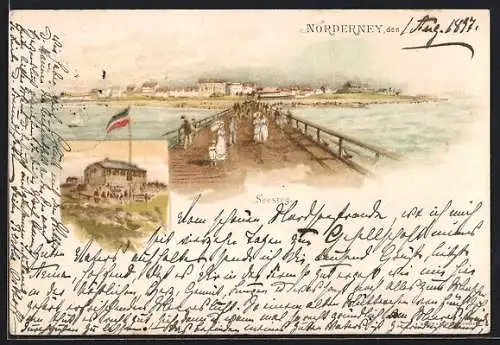 Lithographie Norderney, Besucher auf dem Seesteg