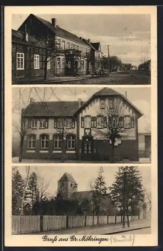 AK Gross Möringen / Stendal, Strassenpartie mit Geschäftshaus u. Fachwerkhaus, Gebäudeansicht, Kirche