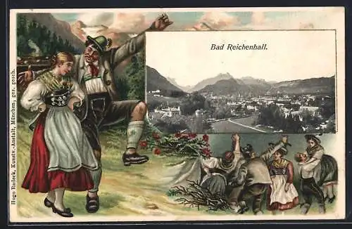 Lithographie Bad Reichenhall, Gesamtansicht mit Bergpanorama, Tanzendes Trachtenpaar, Bauerntanz