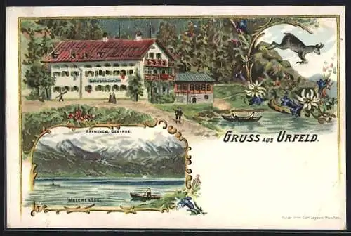 Lithographie Urfeld / Walchensee, Gasthaus zum Jäger am See, Walchensee und Karwendel-Gebirge