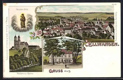 Lithographie Ellwangen, Gnaden-Bild, Wallfahrts-Kirche und Ortspanorama