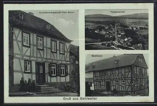 Mondschein-AK Gehlweiler, Kolonialwaren Peter Beicht mit Kindergruppe, Gasthaus, Totalansicht