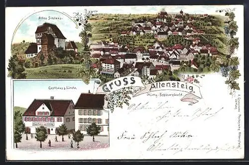 Lithographie Altensteig, Gasthaus zur Linde, Altes Schloss