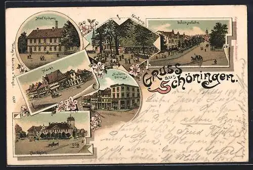 Lithographie Schöningen, Markt, Niedernstrasse, Schützenbahn, Elmhaus