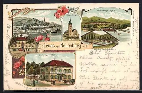 Lithographie Neuenburg a. R., Stadtkirche, Bierbrauerei Müller, Rathaus, Eisenbahnbrücke, Ortsansicht