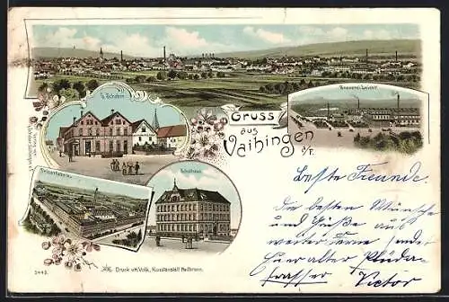 Lithographie Vaihingen a. F., Brauerei Leicht, Schulhaus, G. Schaber, Tricotfabrik