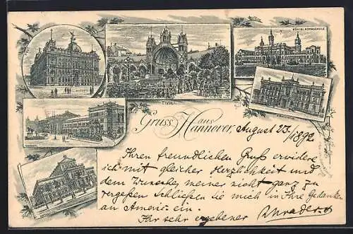 Vorläufer-Lithographie Hannover, 1892, Gasthaus Tivoli mit Bühne, Königl. Hochschule, Ständehaus, Bahnhof