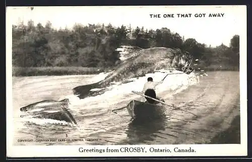 AK Crosby /Ontario, Mann im Ruderboot mit riesigem Fisch am Haken, Fotomontage, optische Täuschung