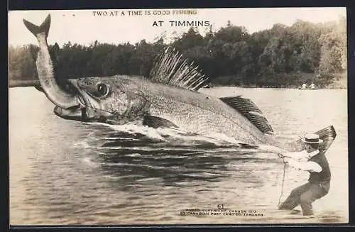 AK Timmins, Mann fischt nach riesigem Fisch, Fotomontage, optische Täuschung