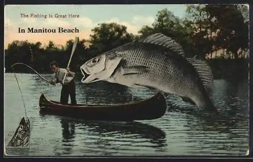 AK Manitou Beach, Riesiger Fisch springt ins Boot, Fotomontage, optische Täuschung