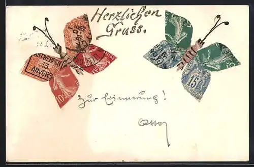 AK Briefmarkencollage mit zwei Schmetterlingen