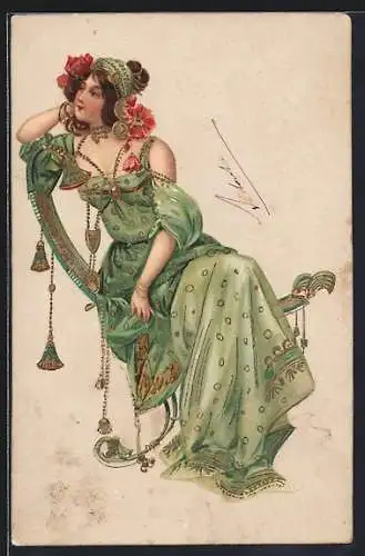 Künstler-AK Dame in orientalischer Mode mit Blumen im Haar, Jugendstil