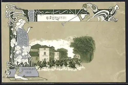 Lithographie Jugendstil, Cavalleggieri di Foggia, Gazzaldo 1866