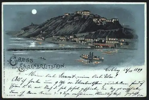 Mondschein-Lithographie Ehrenbreitstein, Blick auf die Festung mit FlusspartieHalt gegen das Licht