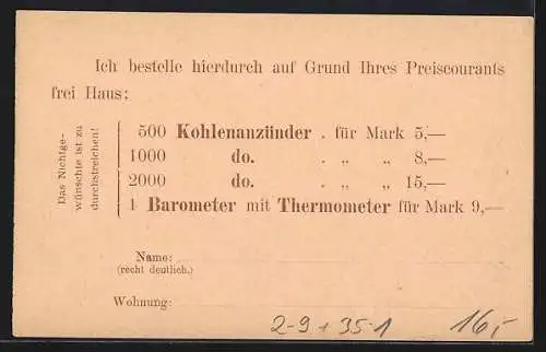 AK Berlin, Bestellung an die Deutsche Kohlenanzünder-Fabrik J. P. Rüffer, Neue Berl. Omnibus- und Packetfahrt-AG