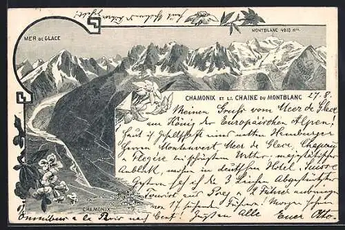 Vorläufer-Lithographie Chamonix, 1895, Vue générale et la Chaine du Montblanc