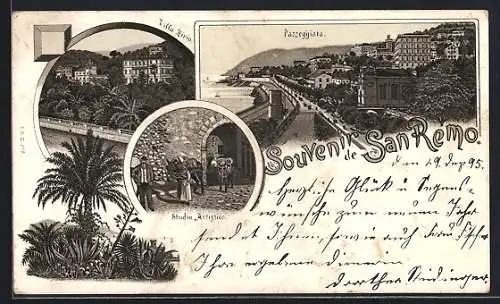 Vorläufer-Lithographie San Remo, 1895, Passeggiata, Villa Zirio, Studio Artistico