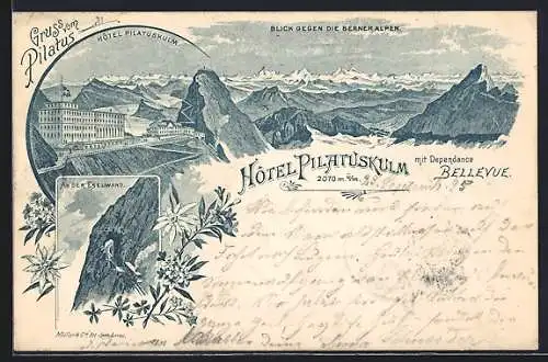 Vorläufer-Lithographie Pilatus, 1895, Hotel Pilatuskulm, Bergbahn an der Eselwand, Blick gegen die Berneralpen