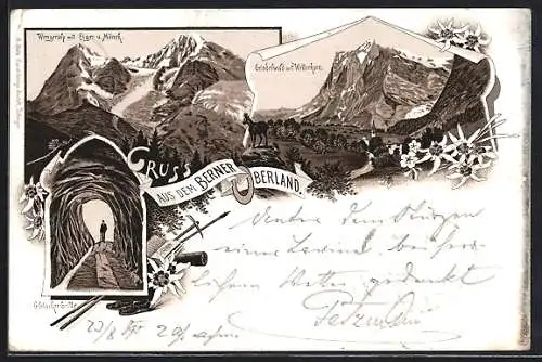 Vorläufer-Lithographie Grindelwald, 1895, Ortsansicht mit Wetterhorn, Gletscher Grotte, Wengeralp mit Eiger und Mönch