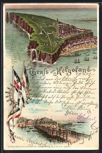 Lithographie Helgoland, Blick auf die Insel, Deutsche Flagge und Reichskriegsflagge