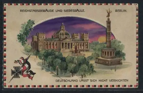 AK Berlin, Reichstagsgebäude und Siegessäule mit leuchtendem Himmel und Fenstern, Halt gegen das Licht