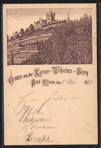 Vorläufer-Lithographie Bad Kösen, 1889, Kaiser-Wilhelms-Burg in den Weinbergen