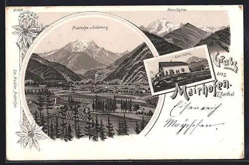 Lithographie Mairhofen, Gesamtansicht, Edel-Hütte, Ahorn-Spitze