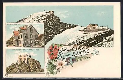 Lithographie Säntis, Gasthof Säntis & Meteorologische Station