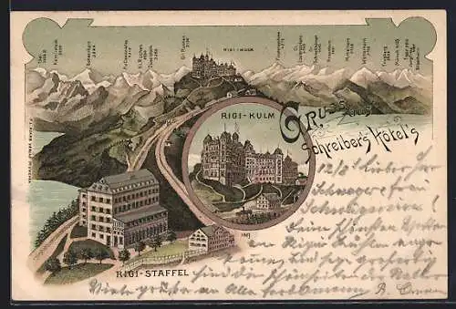 Lithographie Rigi, Schreibers Hotels Rigi Kulm und Rigi-Staffel, Panorama mit Tödi, Mönch und Eiger