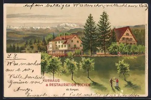 Lithographie Horgen, Partie am Kurhaus & Restaurant Bocken