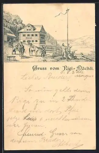 Lithographie Rigi-Dächli, Hotel mit Gästen