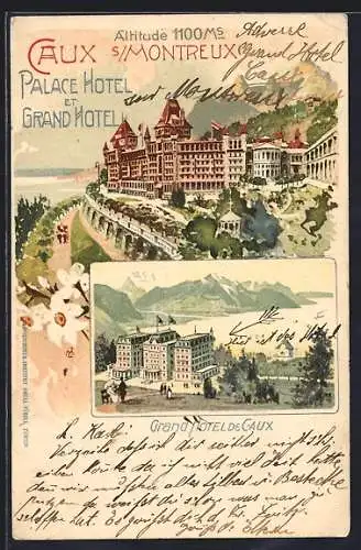 Lithographie Caux, Palace Hotel et Grand Hotel