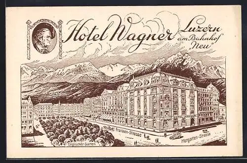 Künstler-AK Luzern, Hotel Wagner, Bes. C. Wagner, Frankenstrasse und Morgartenstrasse